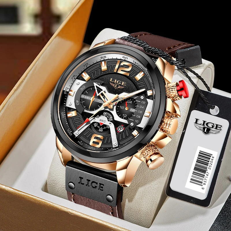 LIGE 8917 Luxury Sports Leather Chronograph Men's Wrist Watches